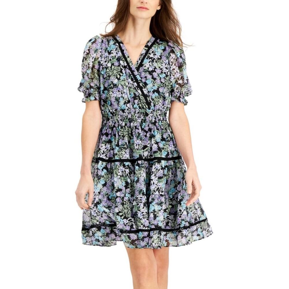 Taylor Mini Dress 2 Blue Purple Floral Chiffon Puff Sleeve Feminine - Picture 8 of 9